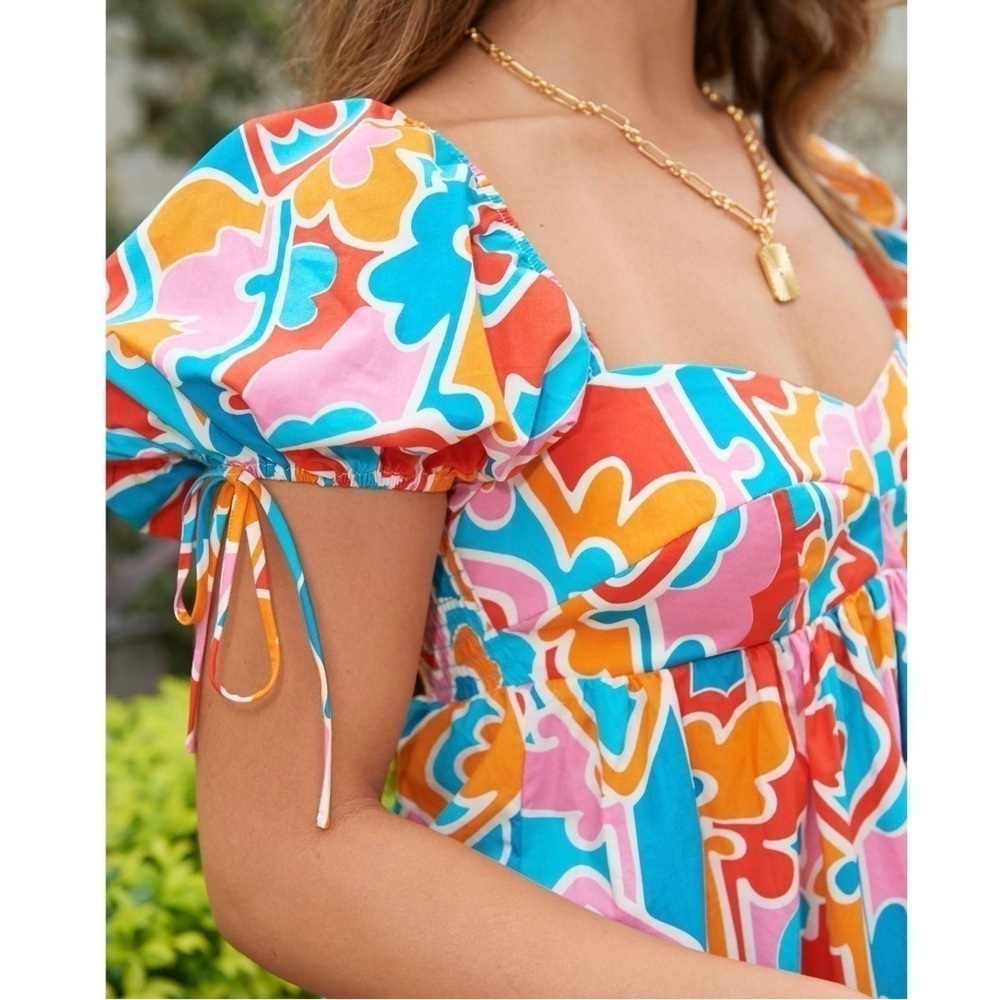 AMANDA UPRICHARD 90s Abstract Graphic Print Puff Short Sleeve Babydoll Dress L‎ - Picture 7 of 16